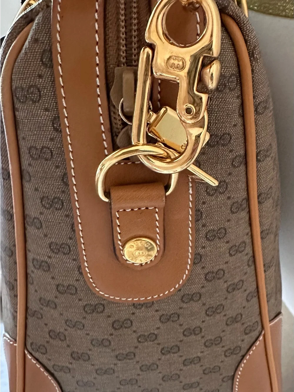Gucci Tan GG Supreme 2-Way Satchel Boston Bag w/Green-Red Web Stripe Vintage